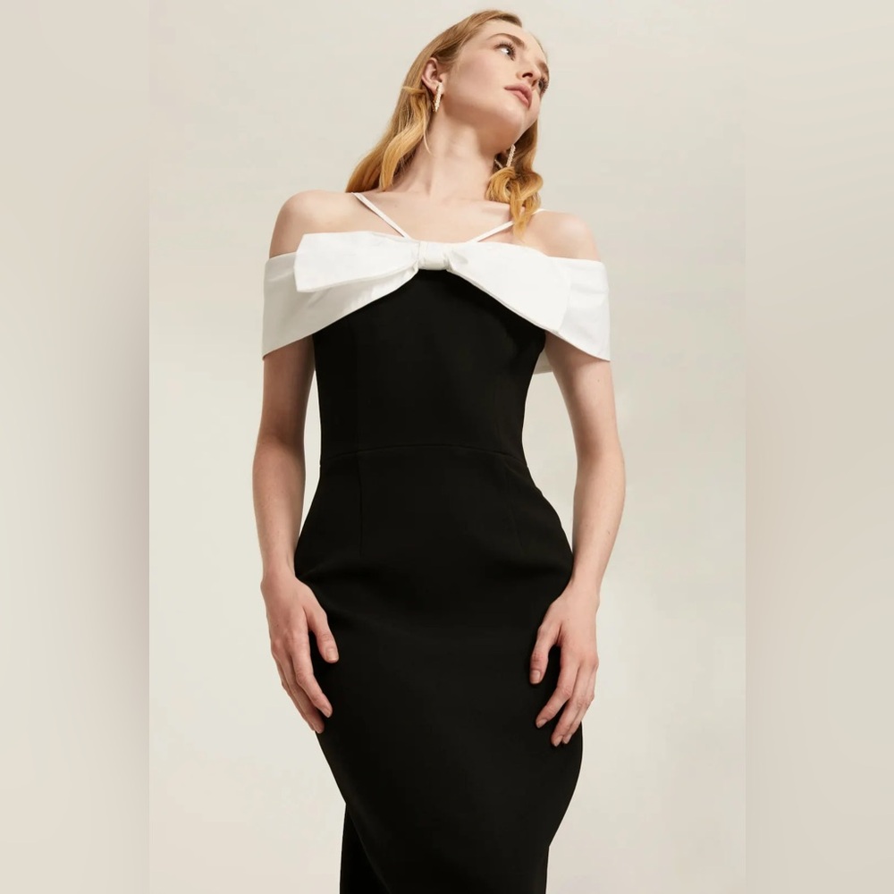 Rebecca Vallance Black White Hepburn Bow Off Shoulder Midi Dress size 6